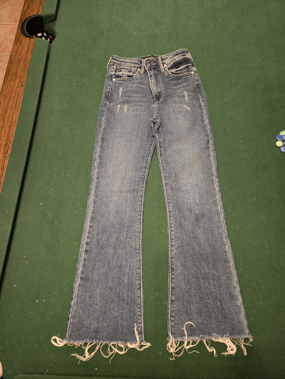 Just Black Faded Mid-High Rise Frayed Hem Flare Jeans - Blue